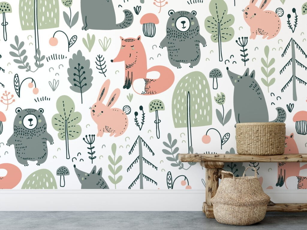 Nordik Kuzey Avrupa Orman Hayvanları Çizimleri Duvar Kağıdı, Masalsı Orman Yaratıkları 3D Duvar Posteri Bebek Odası Duvar Kağıtları 4