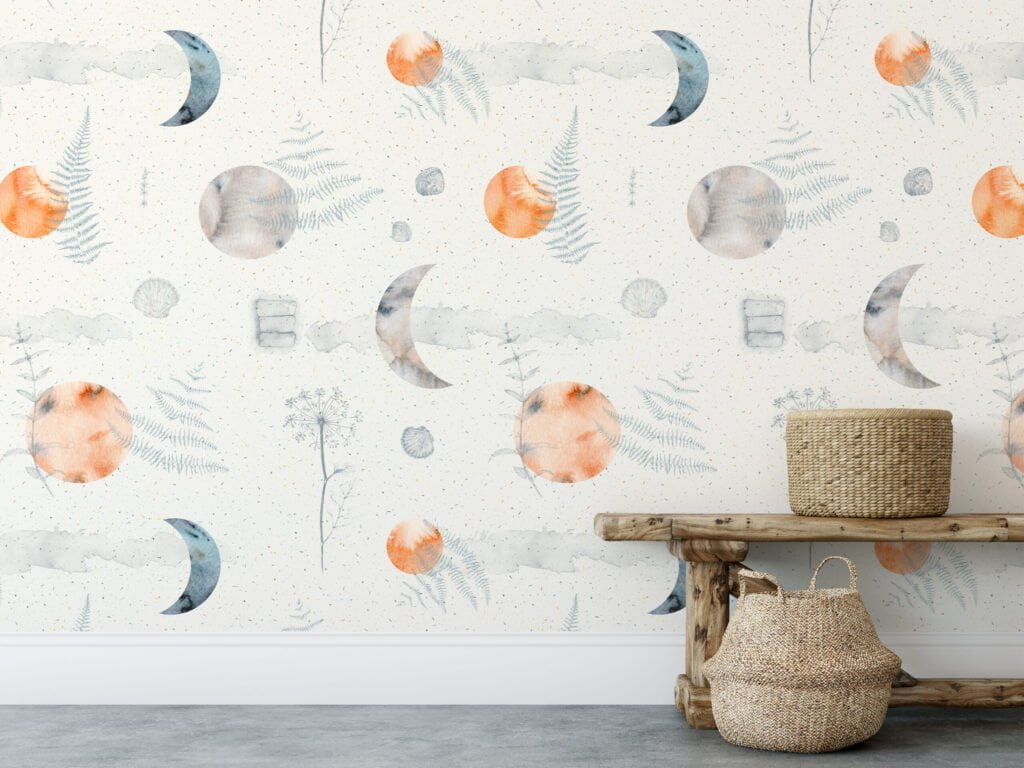 Sulu Boya Stili Ay Deseni Duvar Kağıdı, Göksel Ay Evreleri 3D Duvar Posteri Bebek Odası Duvar Kağıtları 2