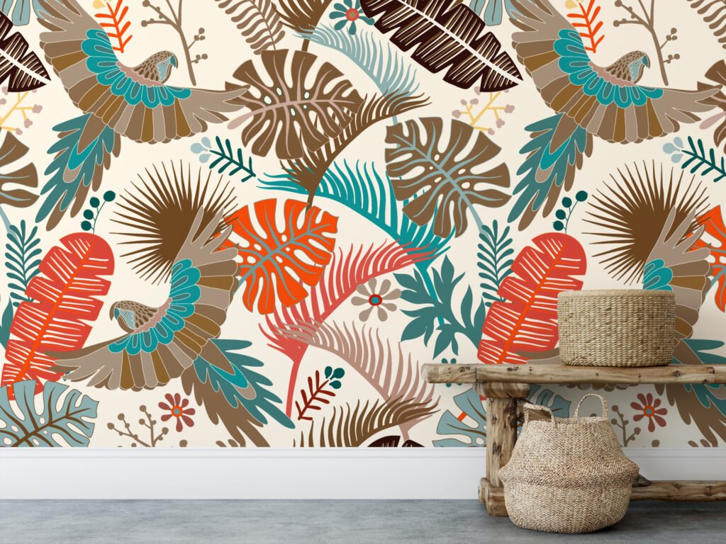 Tropik Yapraklar ve Papağanlar Duvar Kağıdı, Sıcak Sonbahar Tropikal Yapraklar 3D Duvar Posteri Tropikal Duvar Kağıtları 6