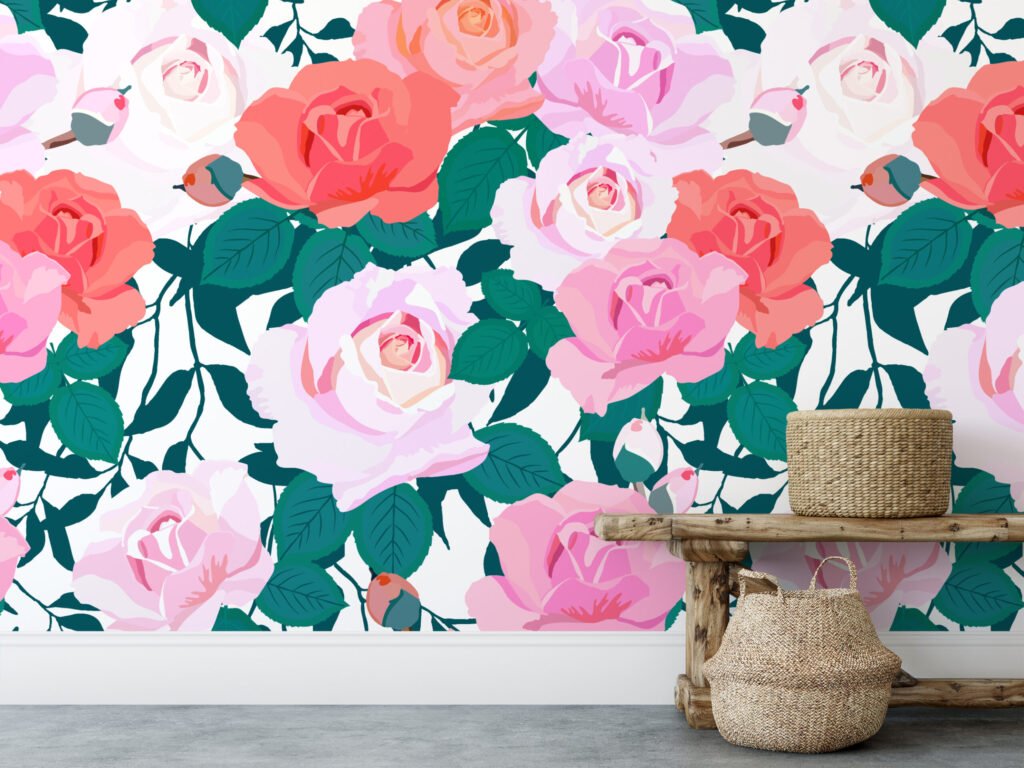 Çiçekli Güller Flat Art Duvar Kağıdı, Romantik Gül Bahçesi 3D Duvar Kağıdı Çiçekli Duvar Kağıtları 3
