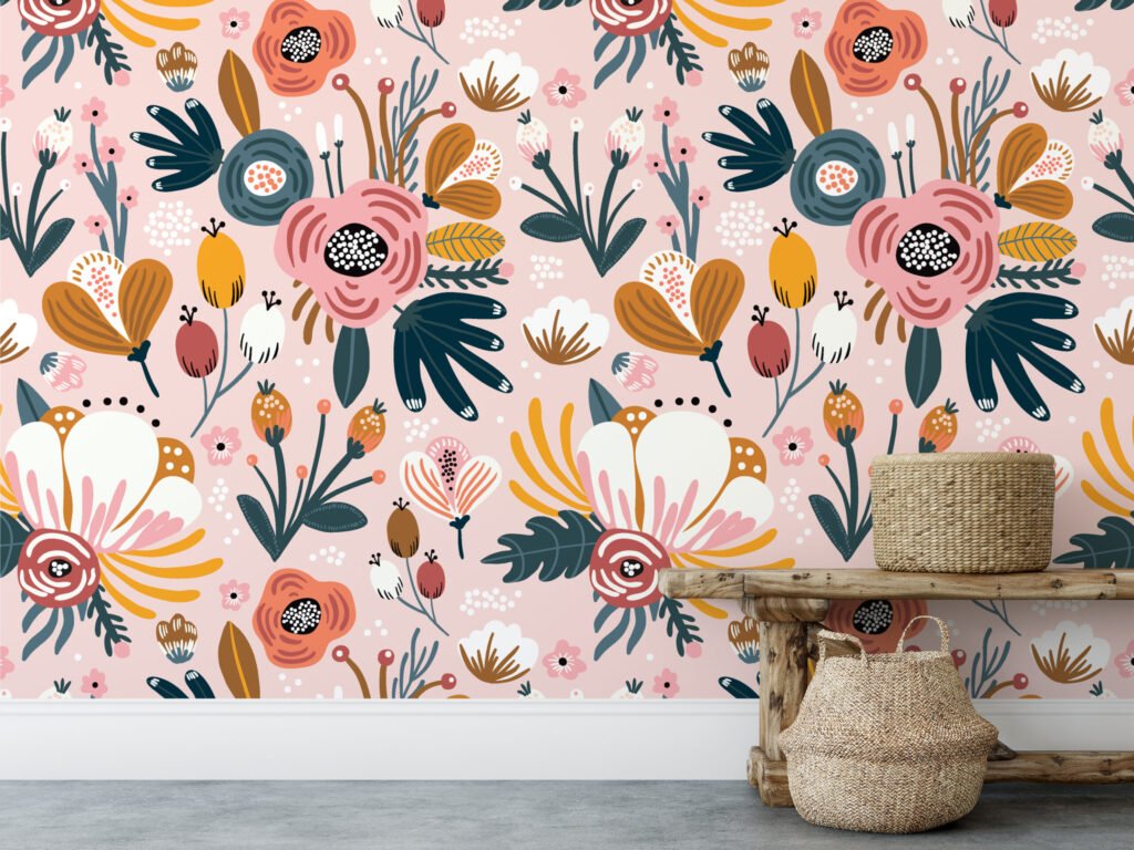 Soyut Pembe Çiçekler Tasarımı Duvar Kağıdı, Zarif Vintage Çiçekli Duvar Posteri Çiçekli Duvar Kağıtları 4