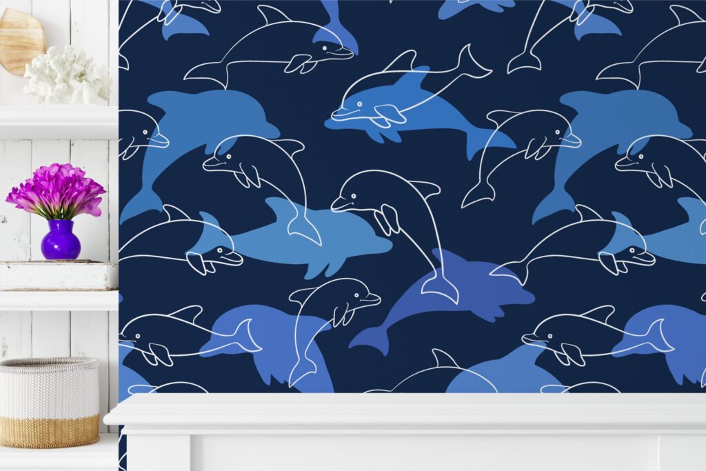 Mavi Yunuslar Desenli Duvar Kağıdı, Sakin Mavi Okyanus Çocuk Odası Duvar Posteri Çocuk Odası Duvar Kağıtları 4