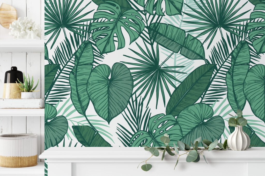 Yeşil Tropikal Yapraklar Duvar Kağıdı, Doğa Temalı 3D Duvar Posteri Tropikal Duvar Kağıtları 3
