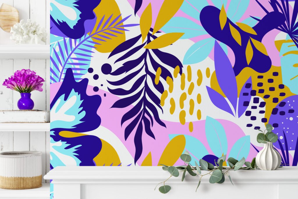 Büyük Renkli Soyut Yaprak Duvar Kağıdı, Canlı Tropikal 3D Duvar Kağıdı Soyut Duvar Kağıtları 4
