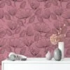 Pembe Arka Planlı Çiçekli Line Art Duvar Kağıdı, Şık Çiçek Tasarımı Duvar Kağıdı - Görsel 2