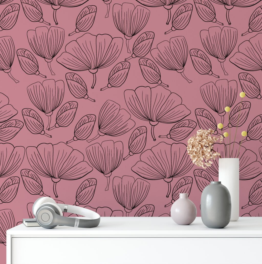 Pembe Arka Planlı Çiçekli Line Art Duvar Kağıdı, Şık Çiçek Tasarımı Duvar Kağıdı Çiçekli Duvar Kağıtları 3