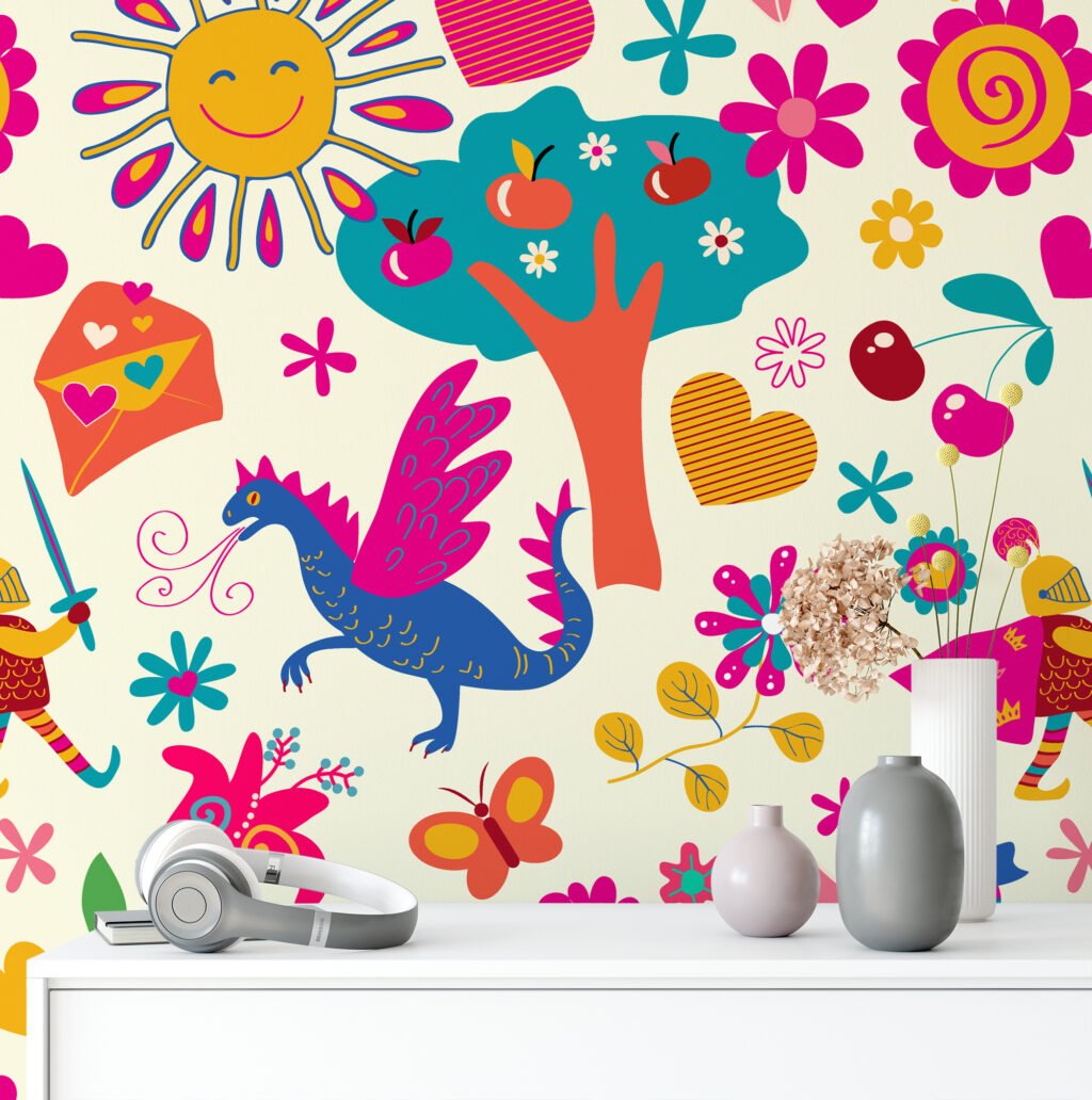 Renkli Çocuk Oyun Odası Duvar Kağıdı, Büyülü Masal 3D Duvar Posteri Bebek Odası Duvar Kağıtları 4