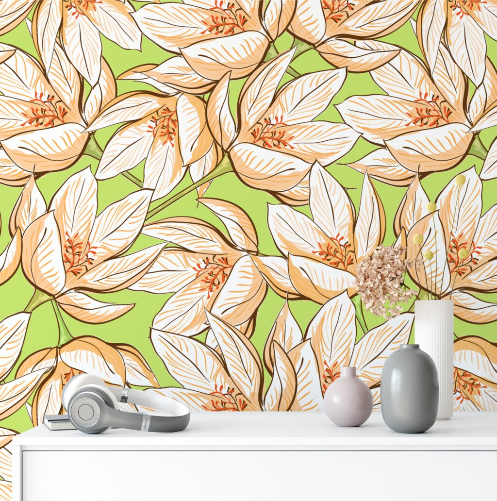 Yeşil Zemin Üzerine Retro Tarz Çiçekli Line Art Duvar Kağıdı, İlkbahar Çiçek Zarafeti 3D Duvar Posteri Çiçekli Duvar Kağıtları 3