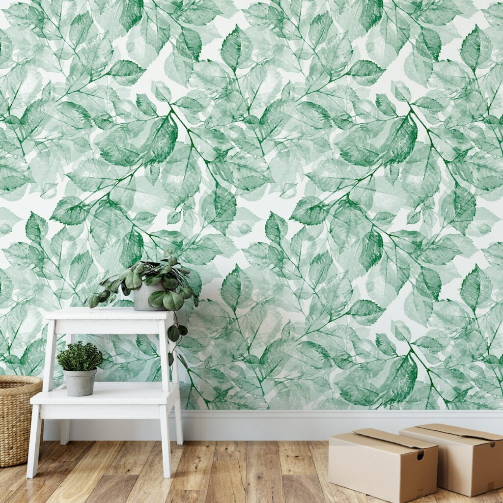 Sulu Boya Stili Yeşil Yapraklar Deseni Duvar Kağıdı, Huzurlu Yeşil Bitki Örtüsü Duvar Kağıdı Suluboya Duvar Kağıtları 4