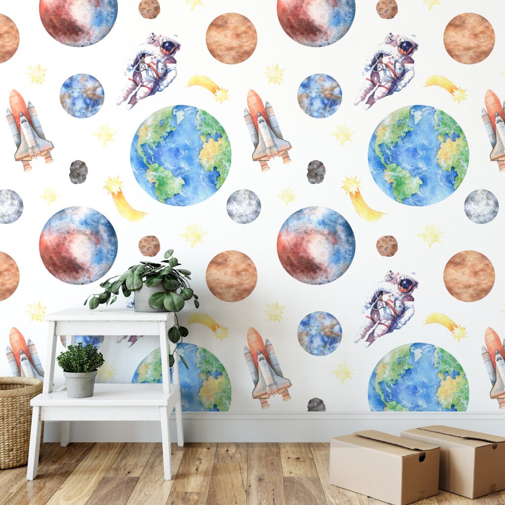 Sulu Boya Astronot ve Uzay Temalı Gezegenler Duvar Kağıdı, Astronot ve Uzay Mekiği 3D Duvar Posteri Bebek Odası Duvar Kağıtları 6