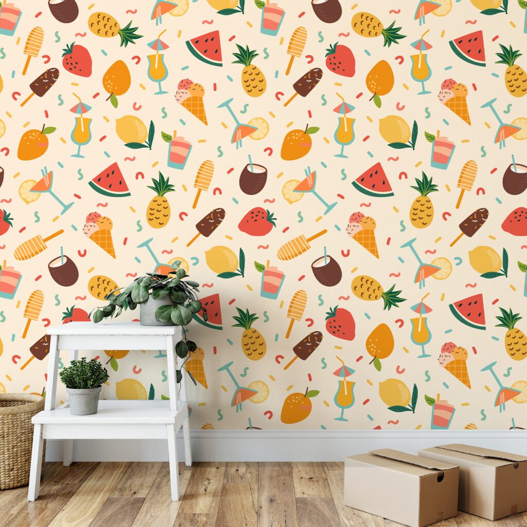 Retro Yaz Havası Parti İkonları Meyve İllüstrasyon Duvar Kağıdı, Tropikal Meyve ve Dondurma 3D Duvar Posteri Çocuk Odası Duvar Kağıtları 3