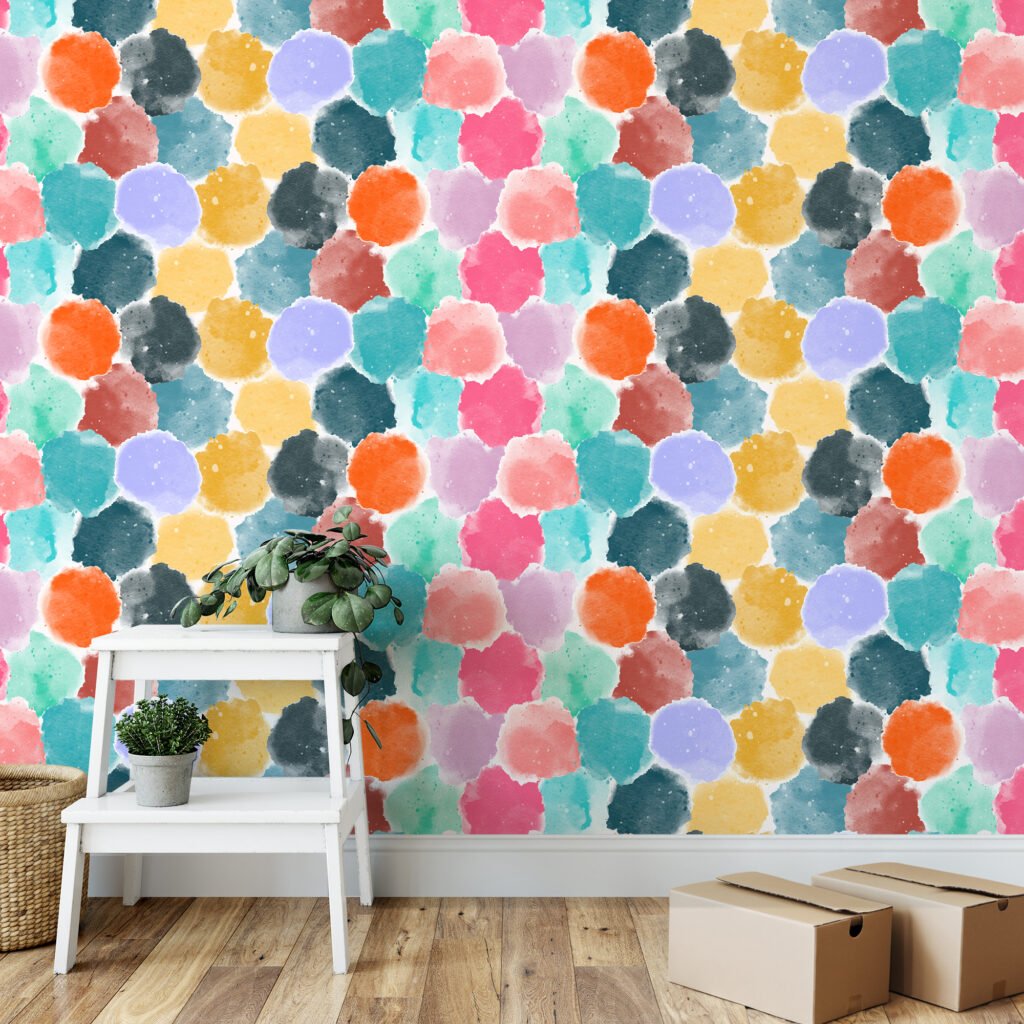 Renkli Soyut Sulu Boya Daireler Duvar Kağıdı, Renk Sıçraması 3D Duvar Posteri Soyut Duvar Kağıtları 6