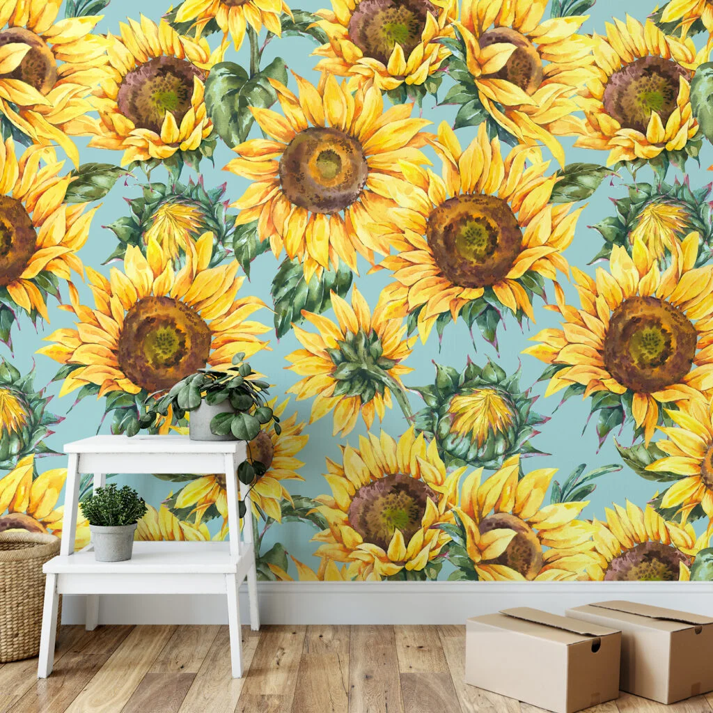 Suluboya Stili Ayçiçekleri Duvar Kağıdı, Ayçiçeği Desenli 3D Duvar Posteri Çiçekli Duvar Kağıtları 6