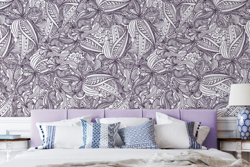 Klasik Damask Tarzı Line Art Duvar Kağıdı, Tek Renkli Paisley Desen Duvar Kağıdı Line Art Duvar Kağıdı 2