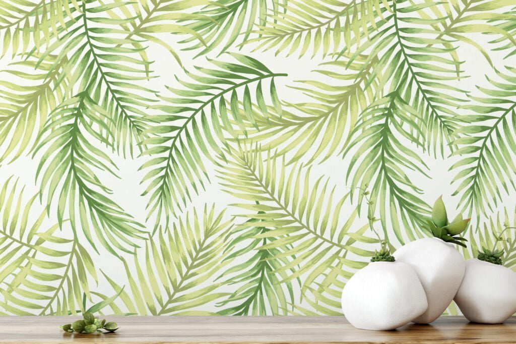Beyaz Arka Planlı Hafif Yeşil Yapraklar Duvar Kağıdı, Canlı Palmiye Yaprakları Duvar Kağıdı Yaprak Desenli Duvar Kağıtları 2