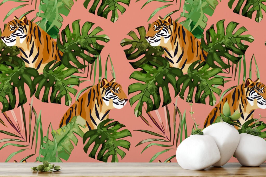 Tropikal Kaplanlar Duvar Kağıdı, Ormanın Büyüsü Tropikal 3D Duvar Posteri Hayvan Motifli Duvar Kağıtları 4