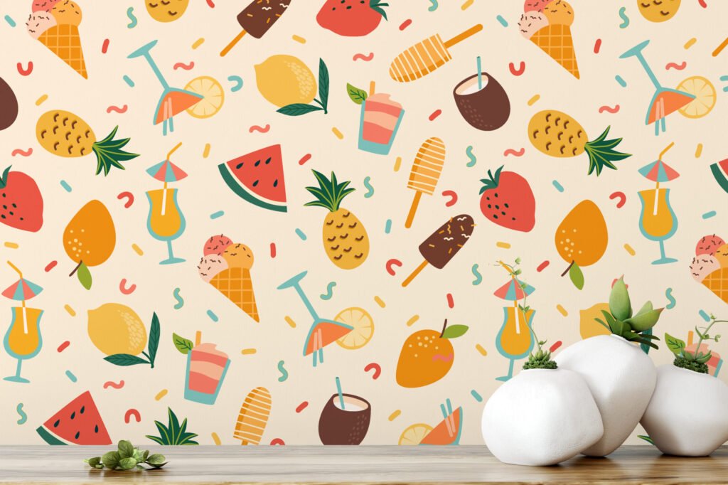 Retro Yaz Havası Parti İkonları Meyve İllüstrasyon Duvar Kağıdı, Tropikal Meyve ve Dondurma 3D Duvar Posteri Çocuk Odası Duvar Kağıtları 2