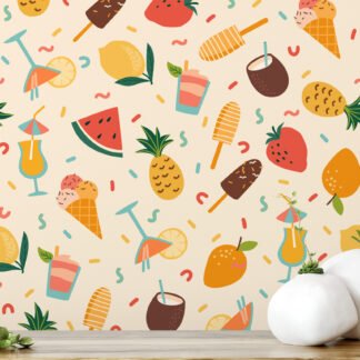Retro Yaz Havası Parti İkonları Meyve İllüstrasyon Duvar Kağıdı, Tropikal Meyve ve Dondurma 3D Duvar Posteri Çocuk Odası Duvar Kağıtları