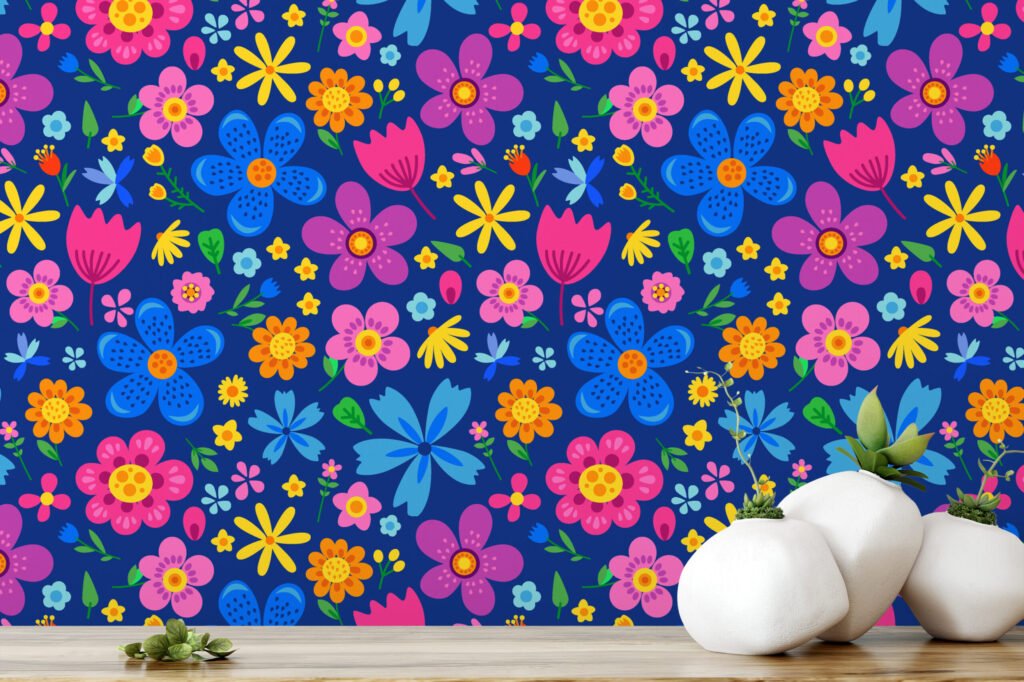 Canlı Renkli Halk Sanatı Çiçek İllüstrasyonu Duvar Kağıdı, Neşeli Çayır Çiçekli Duvar Posteri Çiçekli Duvar Kağıtları 3