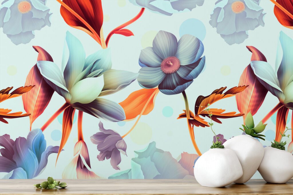 Büyük Renkli Açan Çiçekler Duvar Kağıdı, Canlı Soyut Çiçekli Duvar Posteri Çiçekli Duvar Kağıtları 3