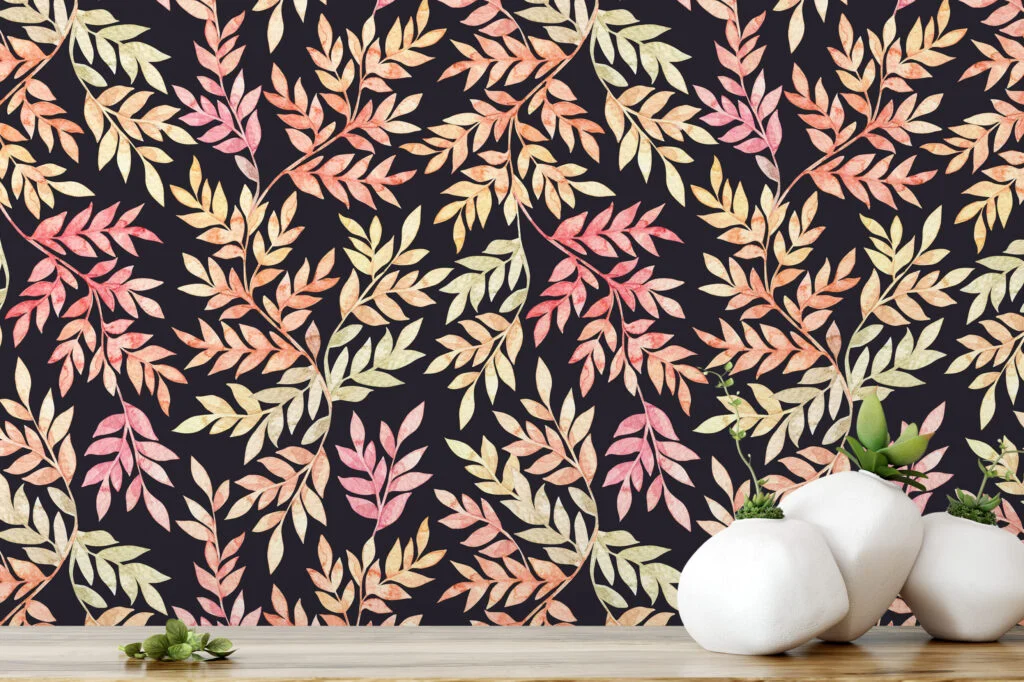 Soyut Büyük Renkli Yapraklarla Karanlık Arka Plan Duvar Kağıdı, Sonbahar Şık 3D Duvar Posteri Suluboya Duvar Kağıtları 3