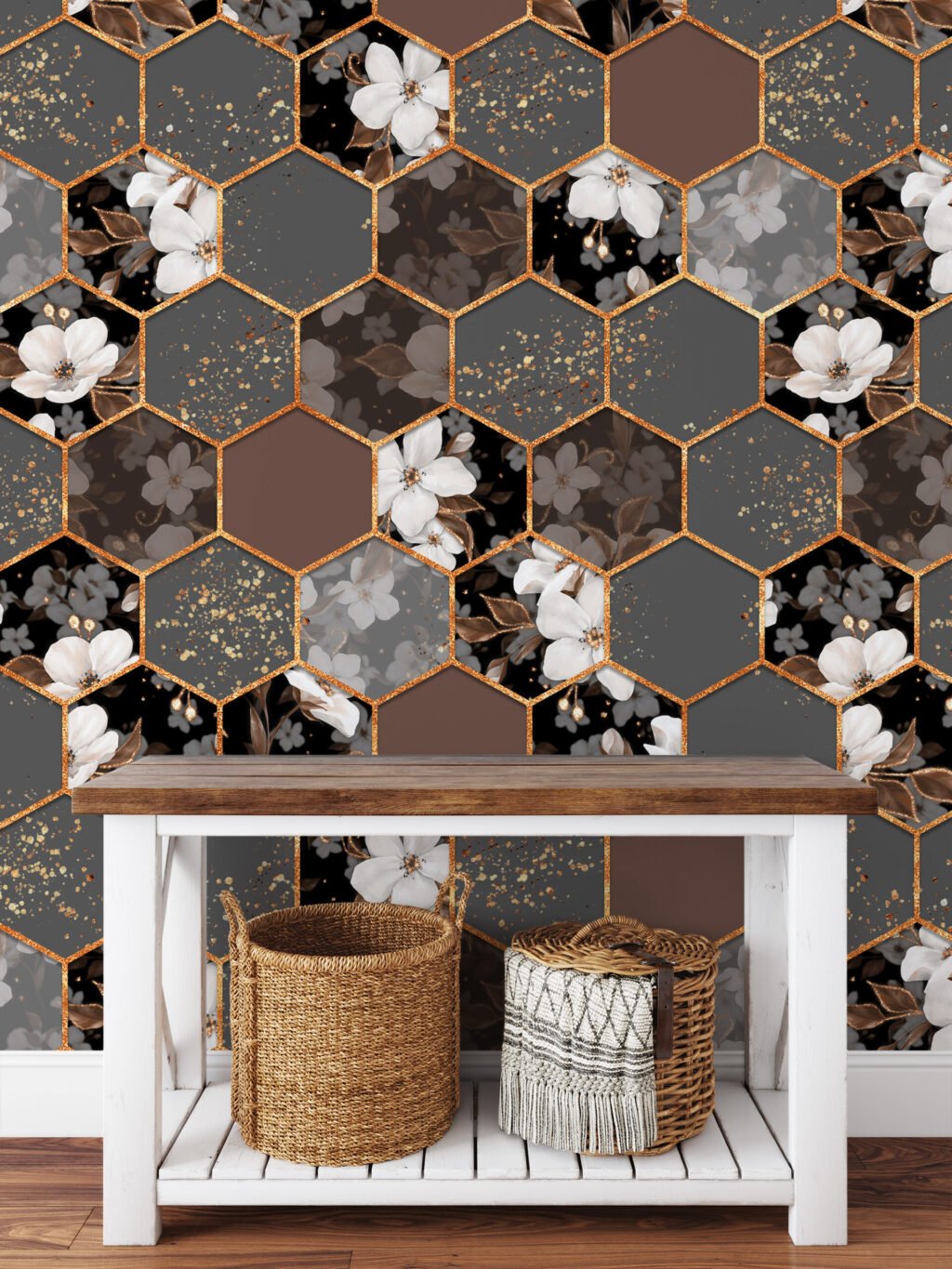 Gri ve Kahverengi Çiçekli Altıgen Geometrik Desen Duvar Kağıdı, Şık Çiçekler 3D Duvar Posteri Çiçekli Duvar Kağıtları 3
