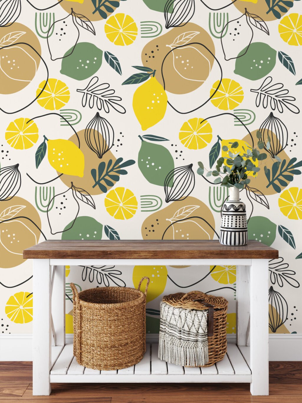 Limon ve Yapraklarla Line Art Duvar Kağıdı, Turunçgil Tasarımı Duvar Posteri Çiçekli Duvar Kağıtları 3