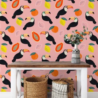 Flat Art Meyveler ve Tukanlar Pembe Zemin Duvar Kağıdı, Canlı Pembe Çocuk Odası Duvar Posteri Çocuk Odası Duvar Kağıtları