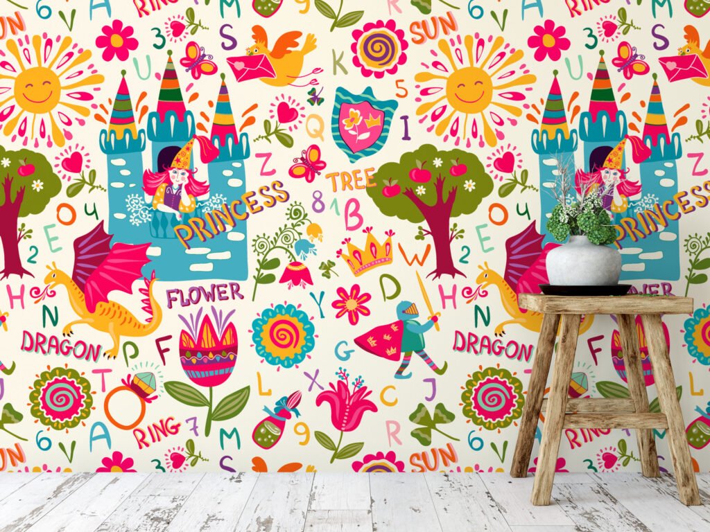 Renkli Çocuk Prenses Ejderha Çiçek Duvar Kağıdı, Masalsı Alfabe Çocuk Odası 3D Duvar Posteri Bebek Odası Duvar Kağıtları 3