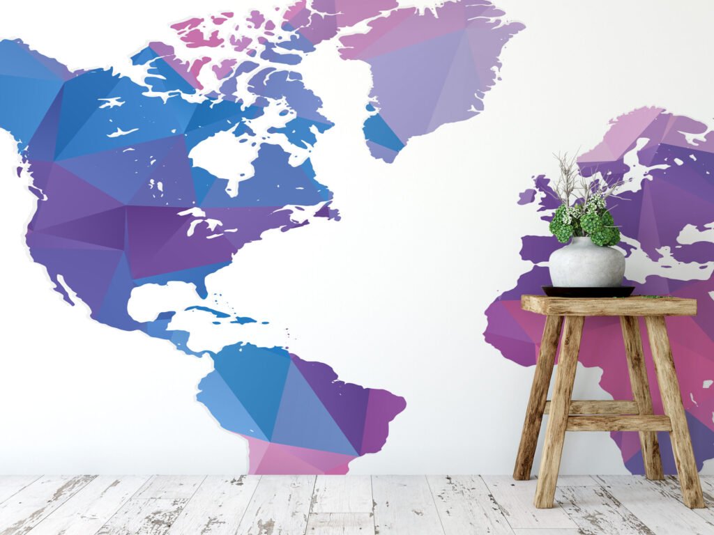 Pembe Mavi Mor Renkli Geometrik Şekilli Dünya Haritası Duvar Kağıdı, Modern Soyut Harita 3D Duvar Posteri Geometrik Duvar Kağıtları 4
