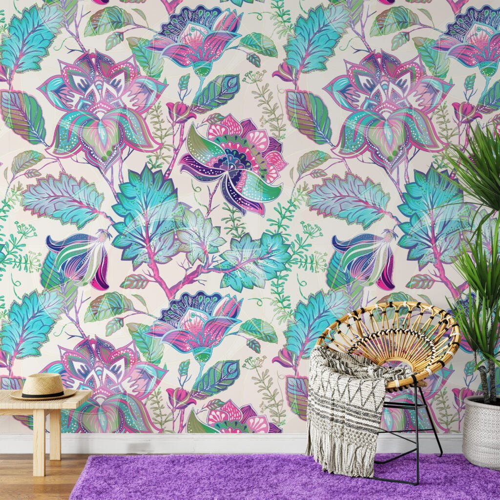 Çiçekli Damask Paisley İllüstrasyon Duvar Kağıdı, Capcanlı Çiçekler 3D Duvar Posteri Çiçekli Duvar Kağıtları 3