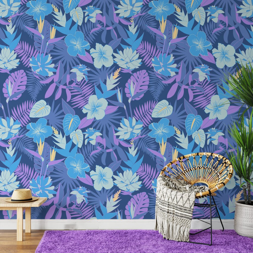 Mavi ve Mor Renkli Çiçekli Duvar Kağıdı, Canlı Tropik Gece Çiçekleri 3D Duvar Kağıdı Çiçekli Duvar Kağıtları 3