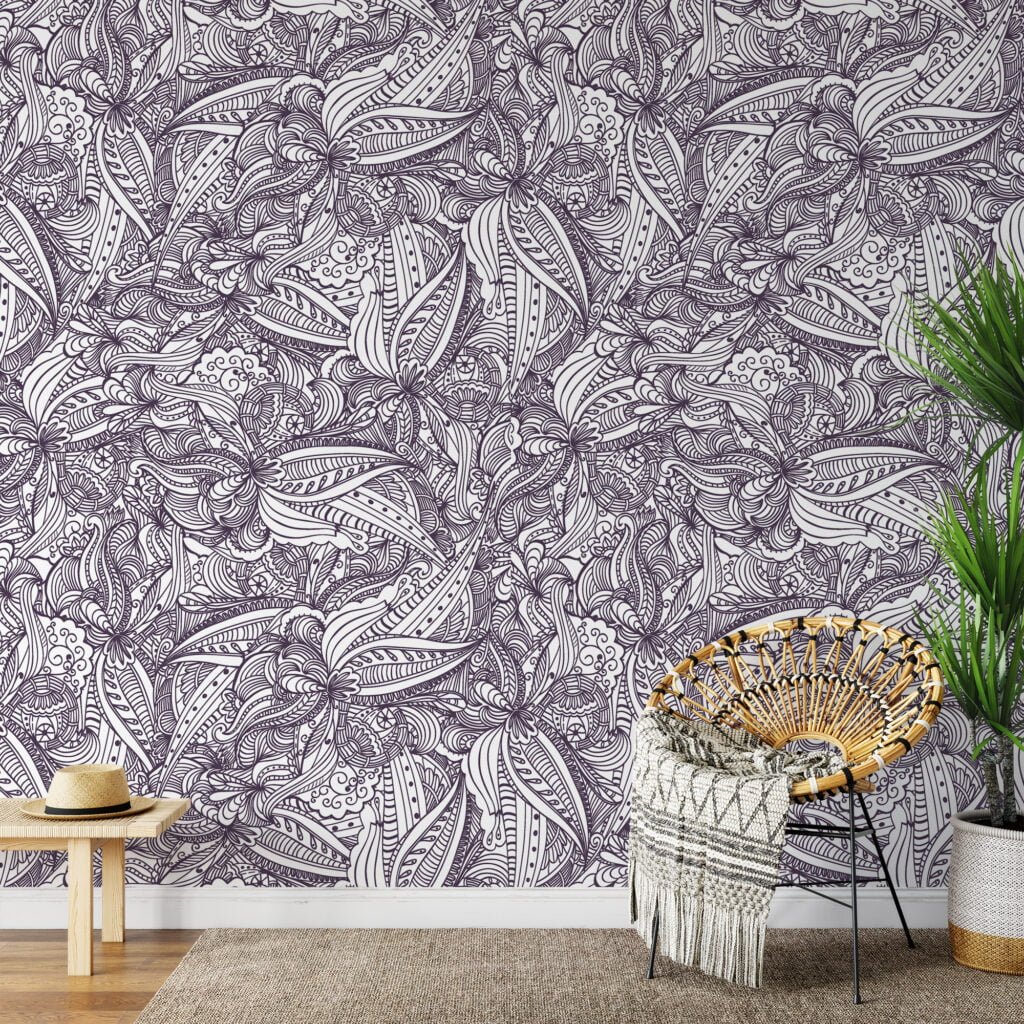 Klasik Damask Tarzı Line Art Duvar Kağıdı, Tek Renkli Paisley Desen Duvar Kağıdı Line Art Duvar Kağıdı 3