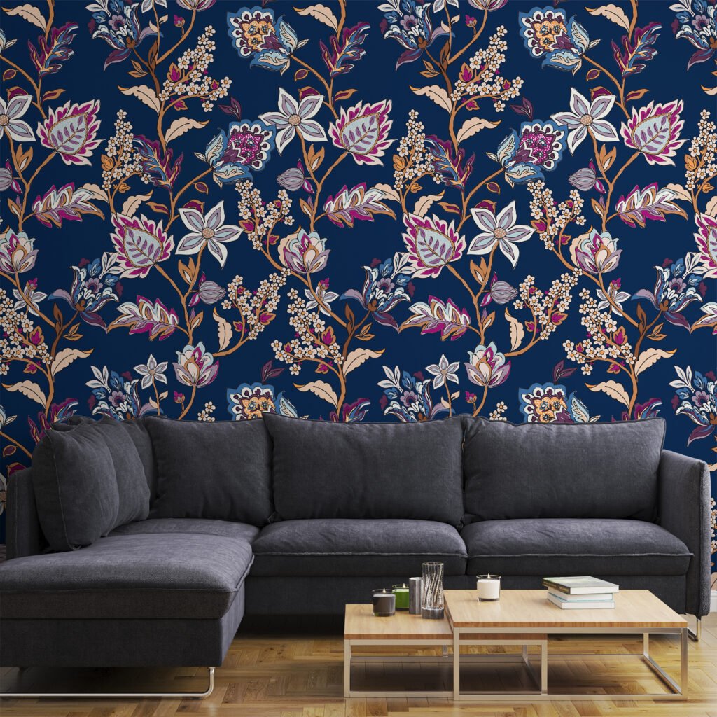 Floral Paisley Damask Desen Duvar Kağıdı, Zarif Koyu Lacivert Floral Duvar Posterleri Çiçekli Duvar Kağıtları 2