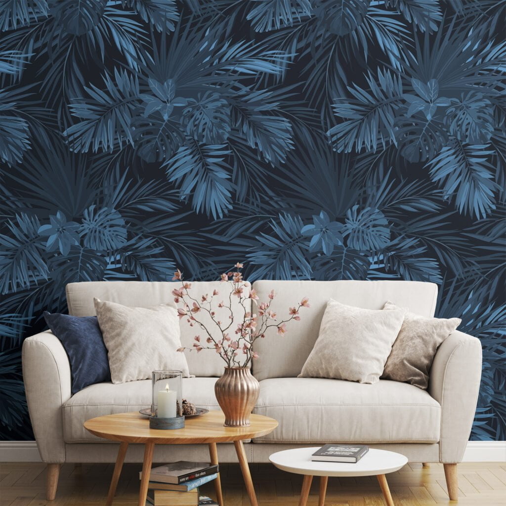 Gece Mavisi Tropikal Yapraklar Duvar Kağıdı, Lüks Koyu Yaprak Desenli 3D Duvar Posteri Yaprak Desenli Duvar Kağıtları 3
