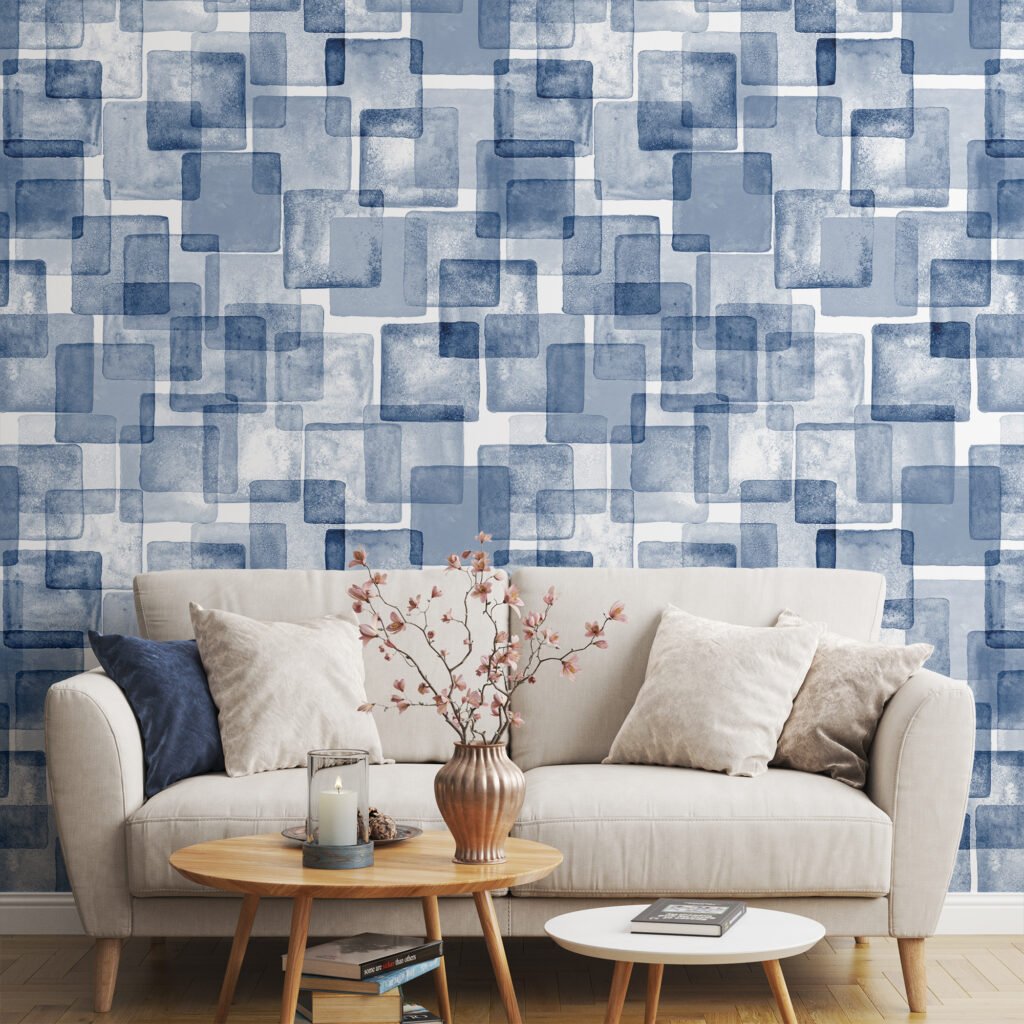 Sulu Boya Tarzı Mavi Kareler Geometrik Duvar Kağıdı, Sanatsal Kübist 3D Duvar Posteri Geometrik Duvar Kağıtları 4