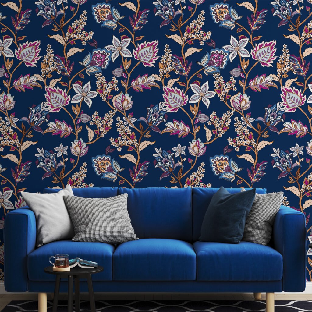 Floral Paisley Damask Desen Duvar Kağıdı, Zarif Koyu Lacivert Floral Duvar Posterleri Çiçekli Duvar Kağıtları 4