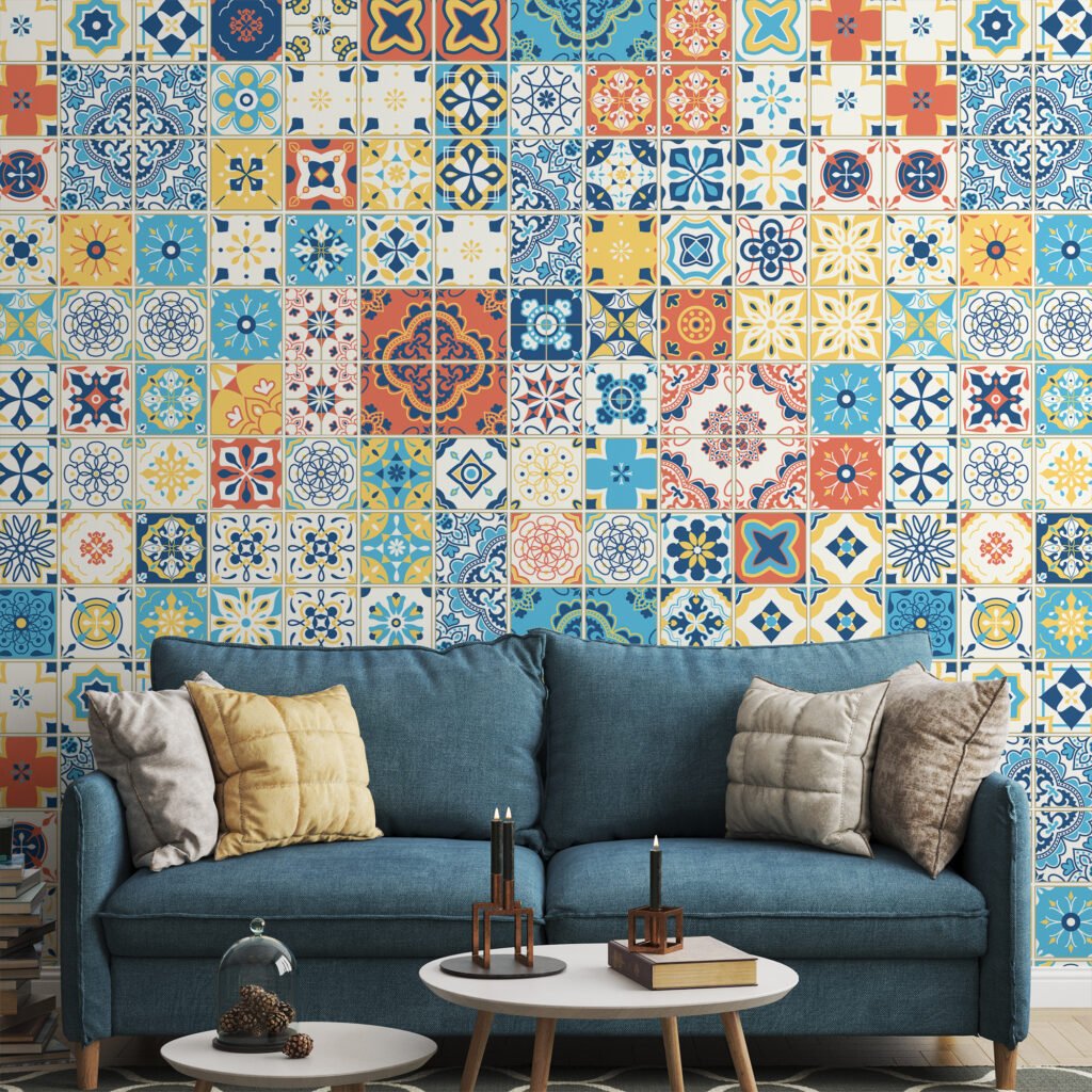 Retro Renkli Mozaik Desen İllüstrasyon Duvar Kağıdı, Akdeniz Cazibesi 3D Duvar Posteri Geometrik Duvar Kağıtları 3