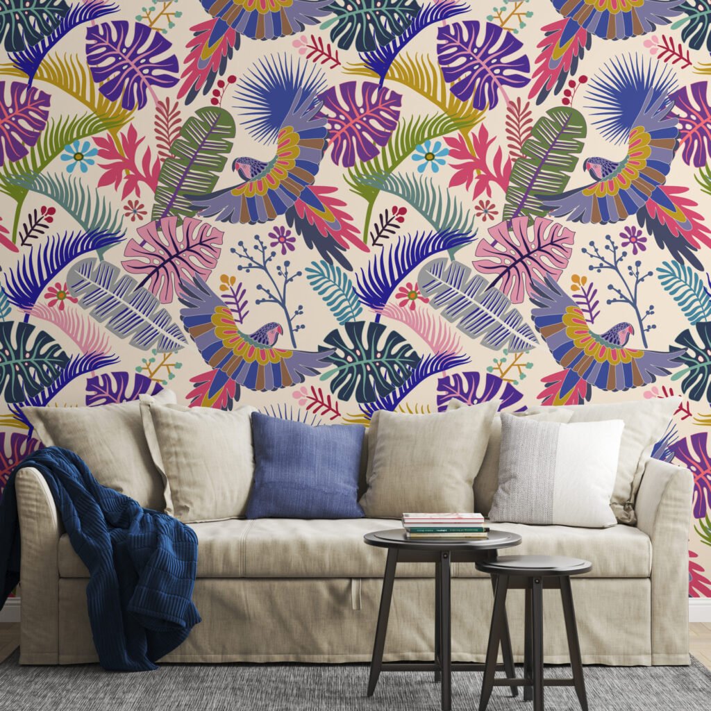 Renkli Tropikal Papağanlar Duvar Kağıdı, Canlı Tropik Bitki Örtüsü 3D Duvar Posteri Tropikal Duvar Kağıtları 3