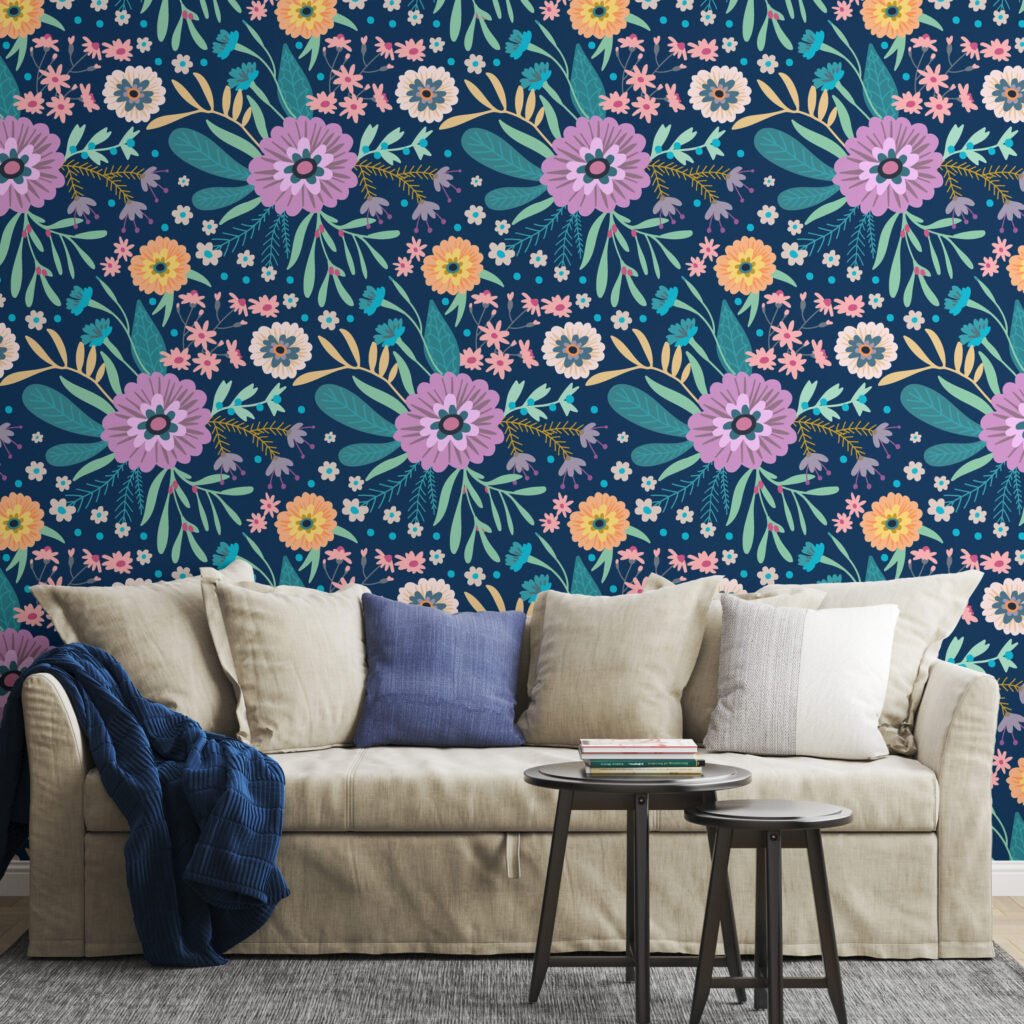 Floral Halk Sanatı Çiçekleri ve Koyu Zeminli Duvar Kağıdı, Büyülü Lacivert Bahçe 3D Duvar Posteri Çiçekli Duvar Kağıtları 3