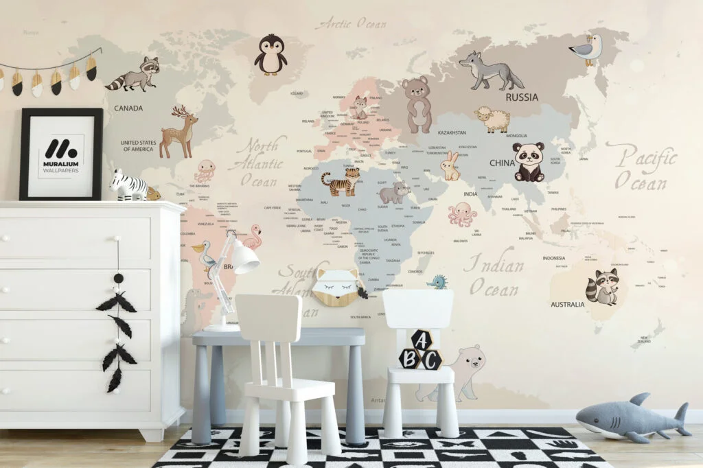 Pastel Dünya Haritası ve Hayvanlar Çocuk Odası Duvar Kağıdı Bebek Odası Duvar Kağıtları 2