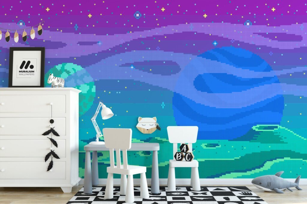 Uzayda Renkli Pixel Art Uzaylı Duvar Kağıdı, Piksel Sanatı Uzay Manzarası 3D Duvar Posteri Çocuk Odası Duvar Kağıtları 5