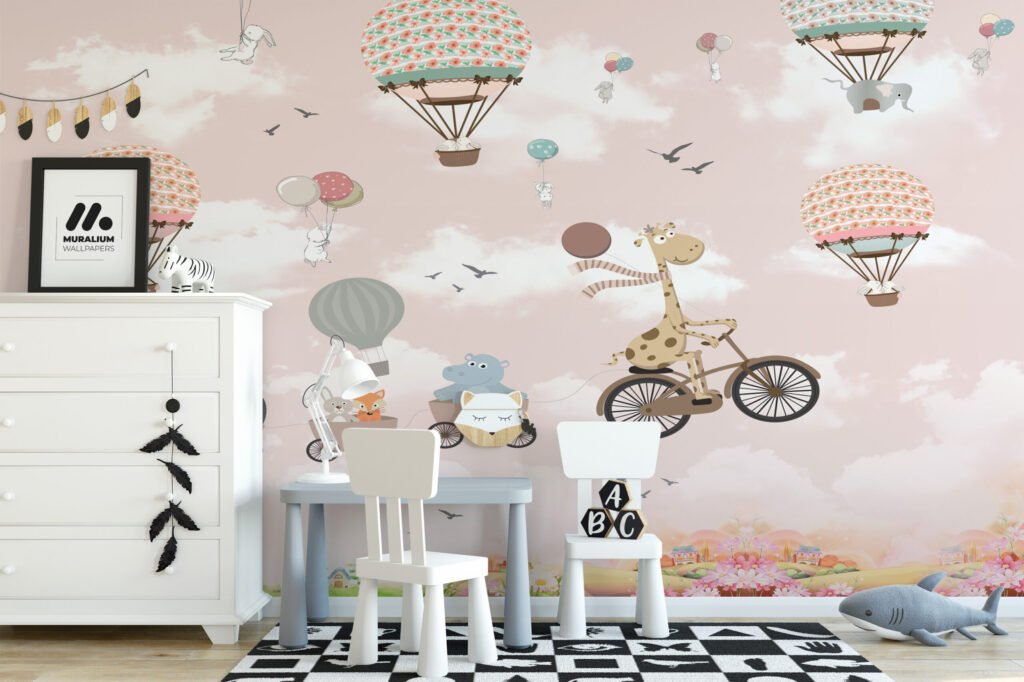 Pembe Pastel Sıcak Hava Balonları Çocuk Odası Duvar Kağıdı Bebek Odası Duvar Kağıtları 6