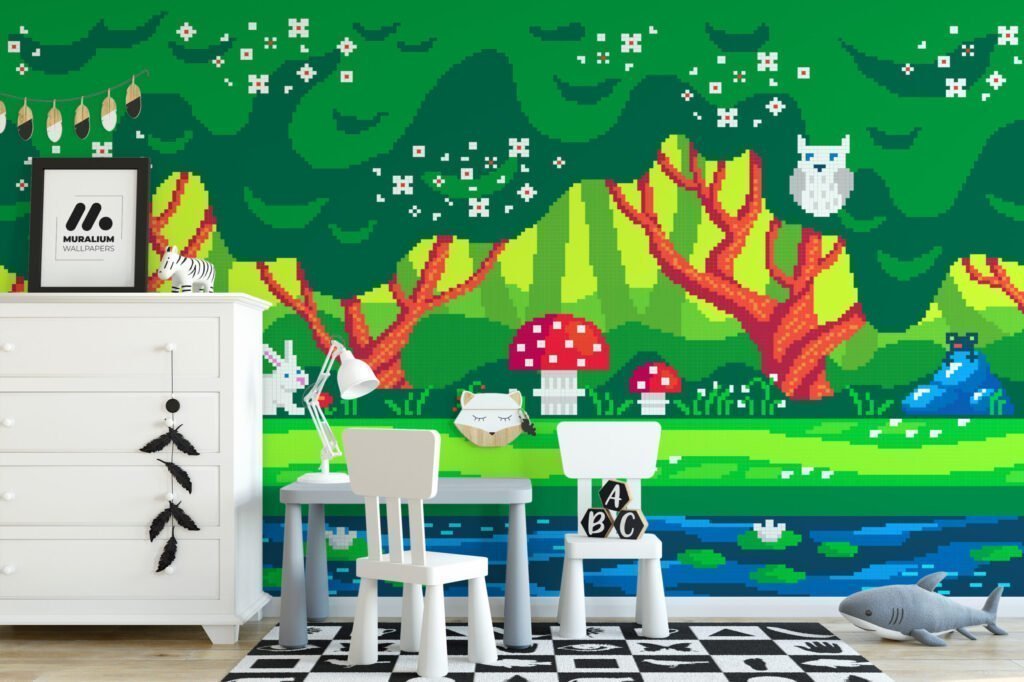 Piksel Sanatı Orman Çocuk Odası Duvar Kağıdı, Büyülü Orman Piksel Sanatı 3D Duvar Posteri Orman Temalı Duvar Kağıtları 4