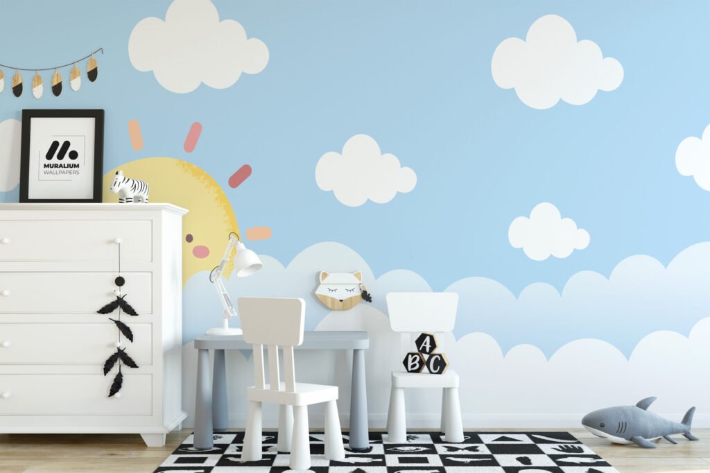 Sevimli Gülümseyen Güneş ve Bulutlar Çocuk Odası Duvar Kağıdı Bebek Odası Duvar Kağıtları 3