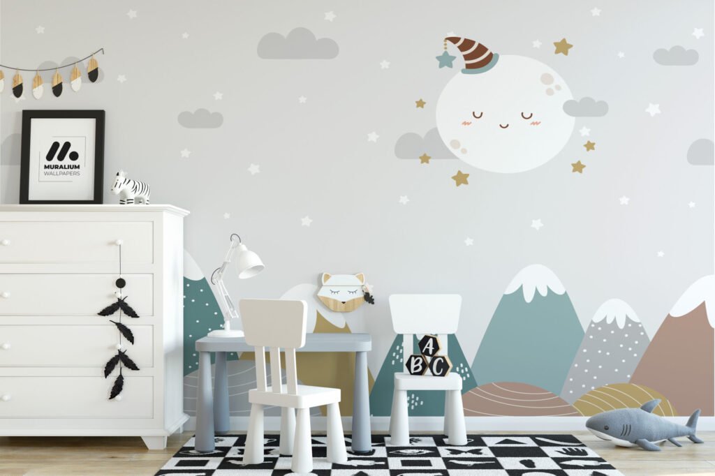 Sevimli Uyuyan Ay, Yıldızlar ve Dağlar Çocuk Odası Duvar Kağıdı Bebek Odası Duvar Kağıtları 5