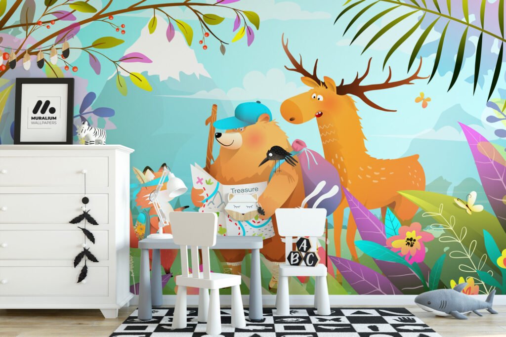 Renkli Karikatür Orman Hayvanları Çocuk Odası Duvar Kağıdı Çocuk Odası Duvar Kağıtları 3