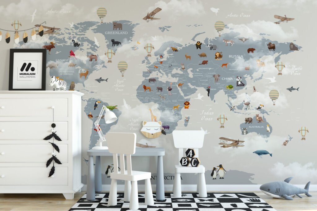 Dünya Haritası, Hayvanlar ve Bulutlar Çocuk Odası Duvar Kağıdı Bebek Odası Duvar Kağıtları 4