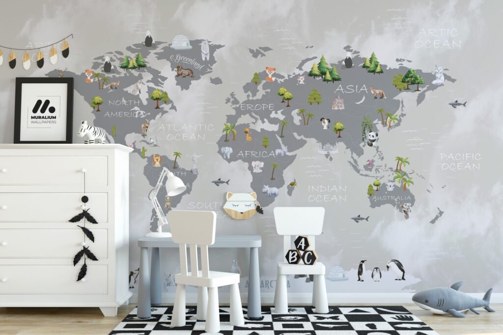 Pastel Dünya Haritası ve Hayvanlar Çocuk Odası 3D Duvar Kağıdı Bebek Odası Duvar Kağıtları 3