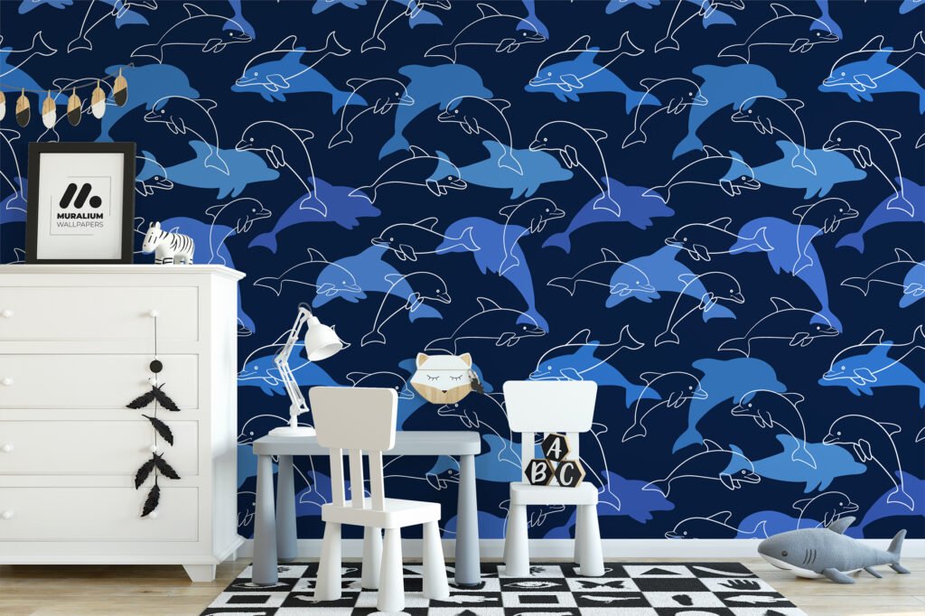 Mavi Yunuslar Desenli Duvar Kağıdı, Sakin Mavi Okyanus Çocuk Odası Duvar Posteri Çocuk Odası Duvar Kağıtları 3